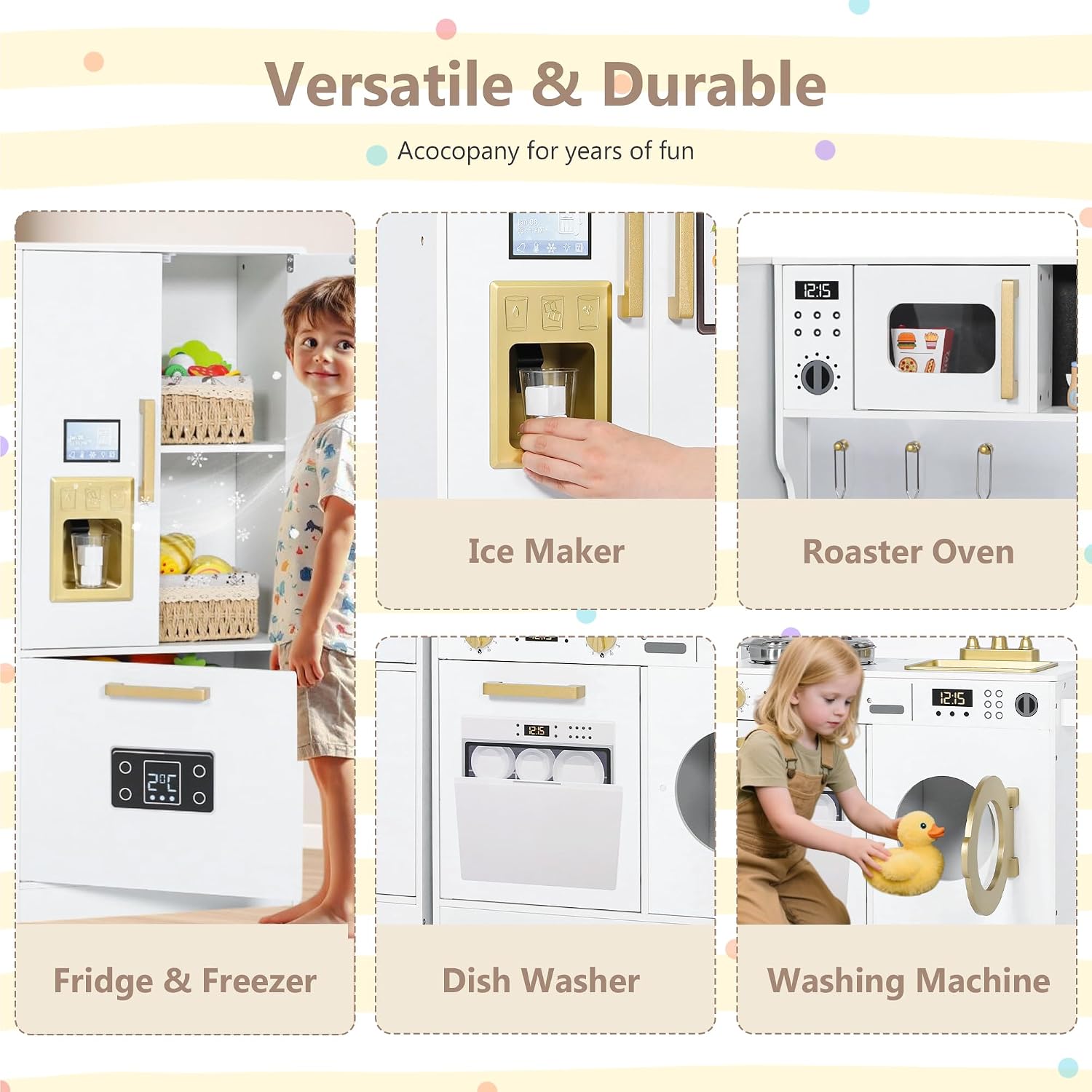 Kinder King Wooden Kids Play Kitchen, Toy Kitchen Playset for Toddler, Play Kitchen Set w/Transparent Coloring Board, Pretend Fridge, Washing Machine, Ice Maker, Gift for Boys Girls Age 3+, White