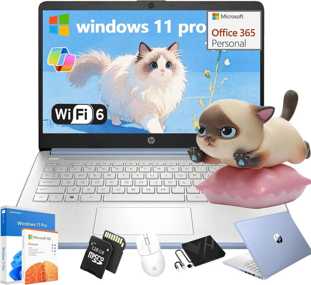 HP Student Business Laptop Computer - Intel Processor N150, 14 inch HD Display, AI-Powered, Lightweight, Windows 11 Pro, Webcam, w/Accessories, 16GB RAM, 256 GB Storage(128GB UFS+128GB MSD), Blue