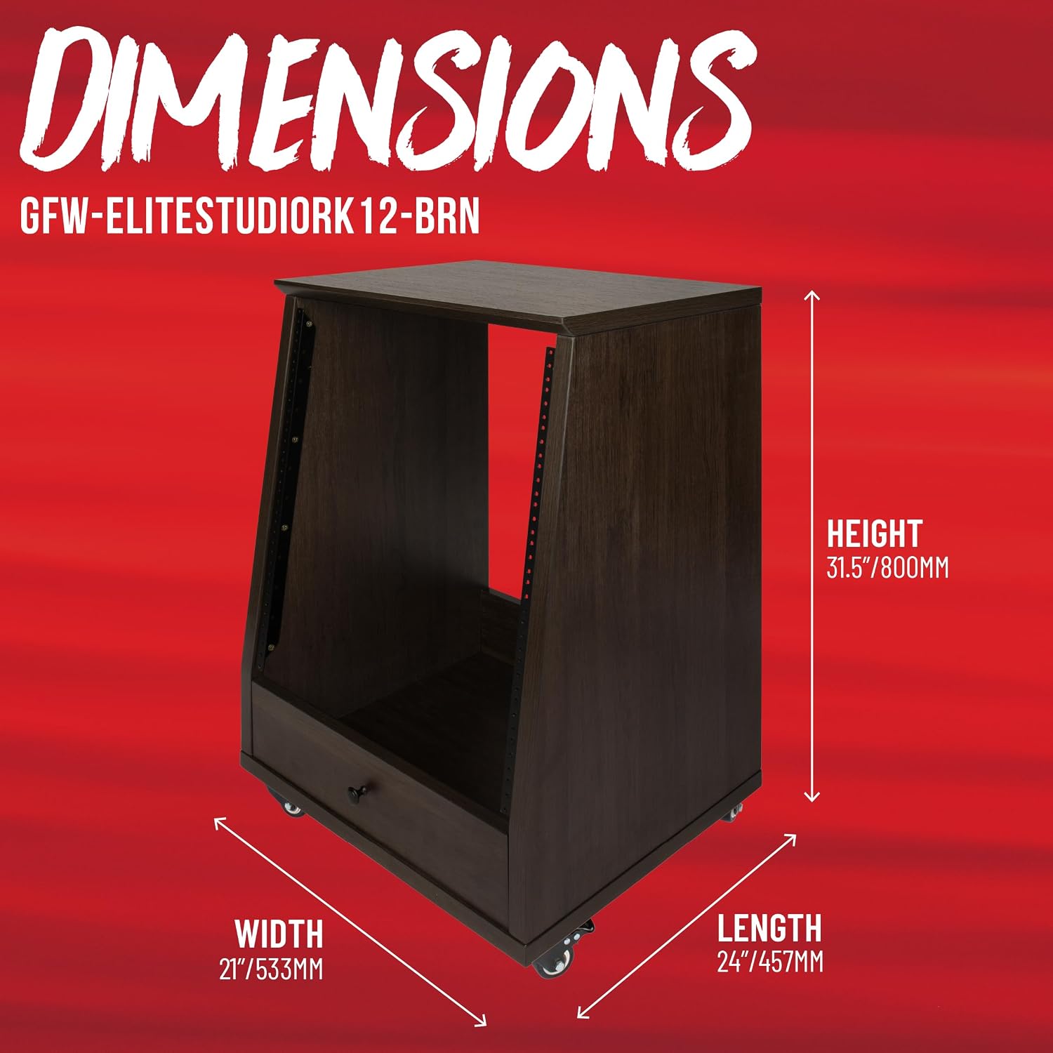 Gator Frameworks Elite Furniture Series 12U Angled Studio Rack with Locking Casters, Dark Walnut Brown Finish (GFW-ELITESTUDIORK12-BRN)