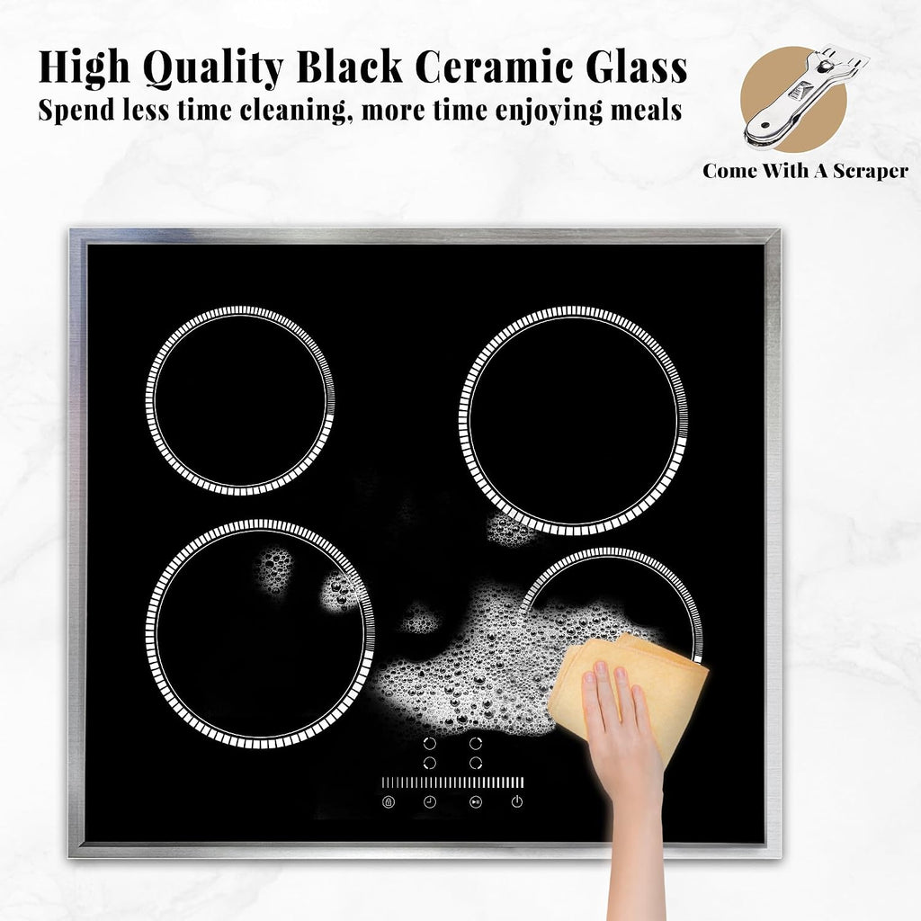 24 Inch Electric Cooktop 4 Burner Electric Stove, 24' Built-in Ceramic Stovetop with Slide Control, Timer, Child Lock, 9 Heating Level, 6000W, 220-240v, No Plug, Hard Wire