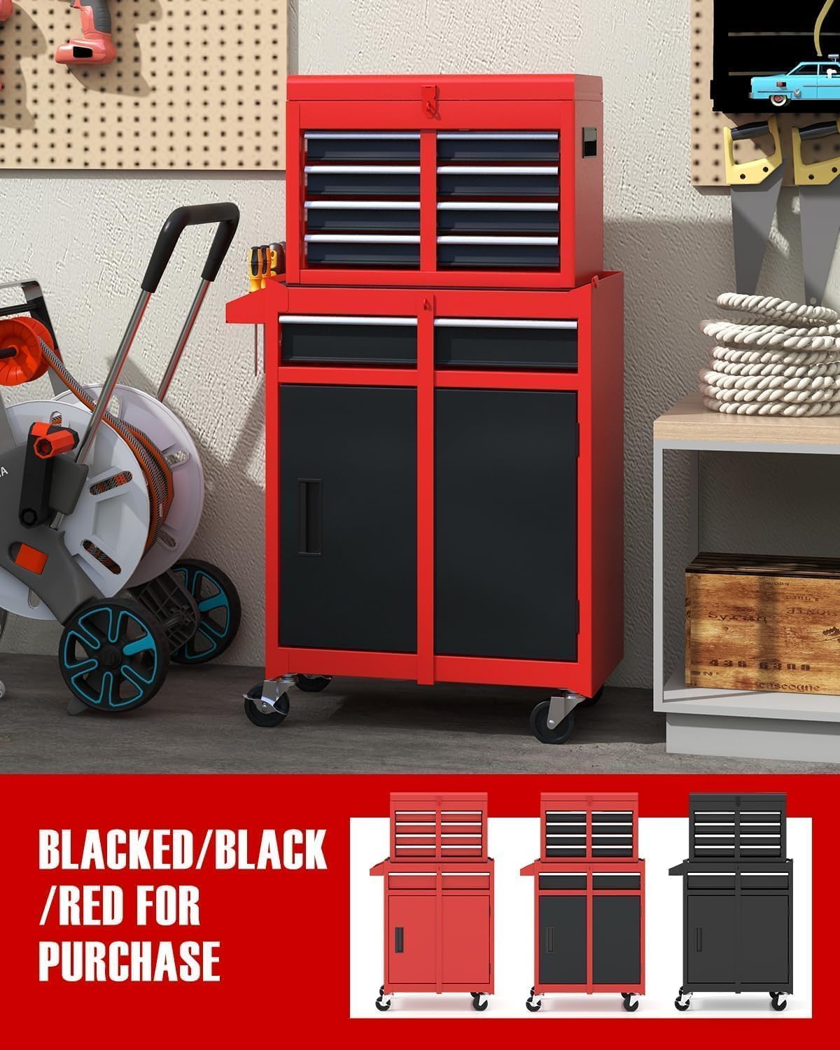ARNOT 2-in-1 Rolling Tool Chest with 5 Drawers, Heavy-Duty Metal Tool Box with Wheels, Detachable Top Tool Box & Rolling Tool Cabinet for Garage, DIY, Mechanics, Red+Black