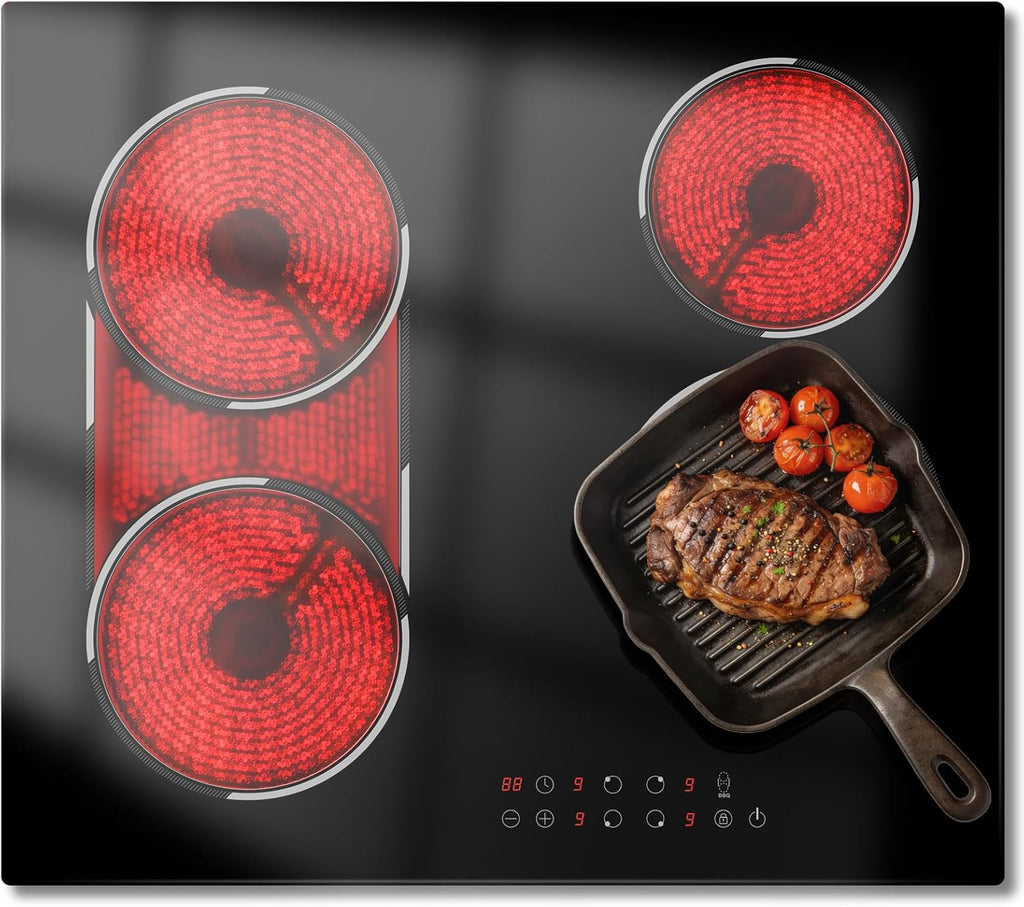 24 Inch Electric Cooktop Built-in, 4 Burner Electric Stove with 6900W Total High Power, 24' Ceramic Cooktop with BBQ Burner, Touch Control, Child Safety Lock, 220V-240V Hard Wire, No Plug