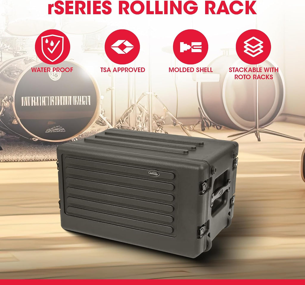 SKB 6U rSeries Shallow Rolling Rack with Integrated Back Wheels and 1-Touch Pull Handle, Comes with 8 Rack Units and Interlocking Molded Stacking Bars