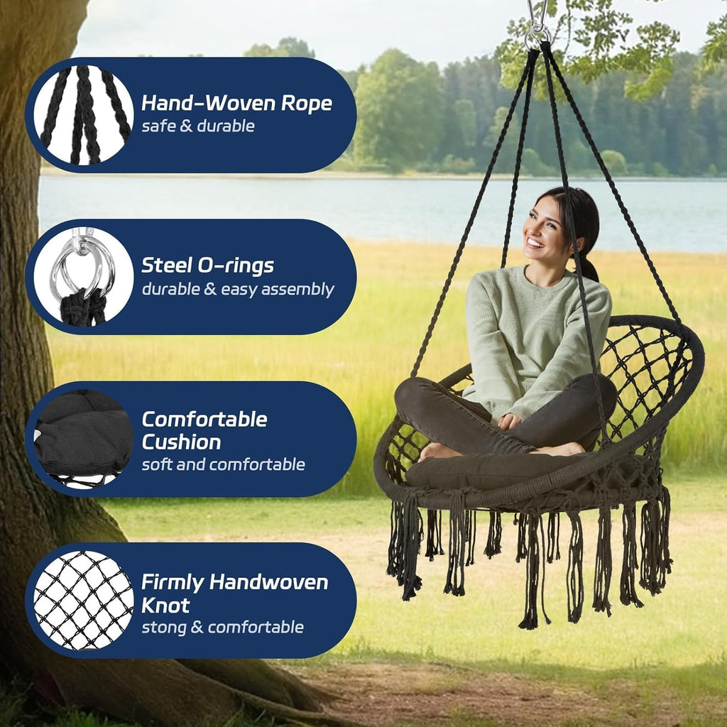 Hammock Chair, 330Lbs Swing Chair for Bedroom, Swing Chair with Comfy Cushion, Hanging Chair, for Bedroom, Porch, Adults, Balcony (Blcak 2PCS)