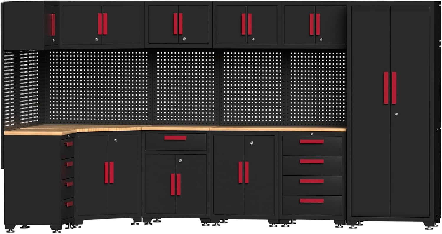 18-Piece Corner Garage Storage Cabinet System - Heavy Duty Workshop Set w/Corner Cabinet Includes Workbench, Pegboard & Lockable Drawers | Metal Tool Organization System for Garage/Workshop