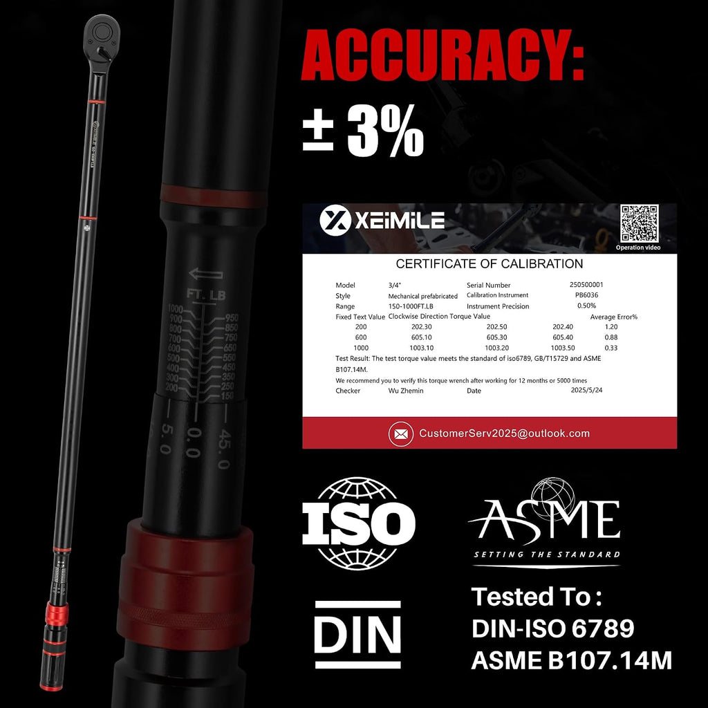 3/4-Inch Drive Click Torque Wrench - 150-1000 Ft-Lb/203.3-1355Nm, Dual-Direction Adjustable 48 ToothTorque Wrench, Accuracy 3% for Car, Truck, Tractor, Maintenance and Product Assembly
