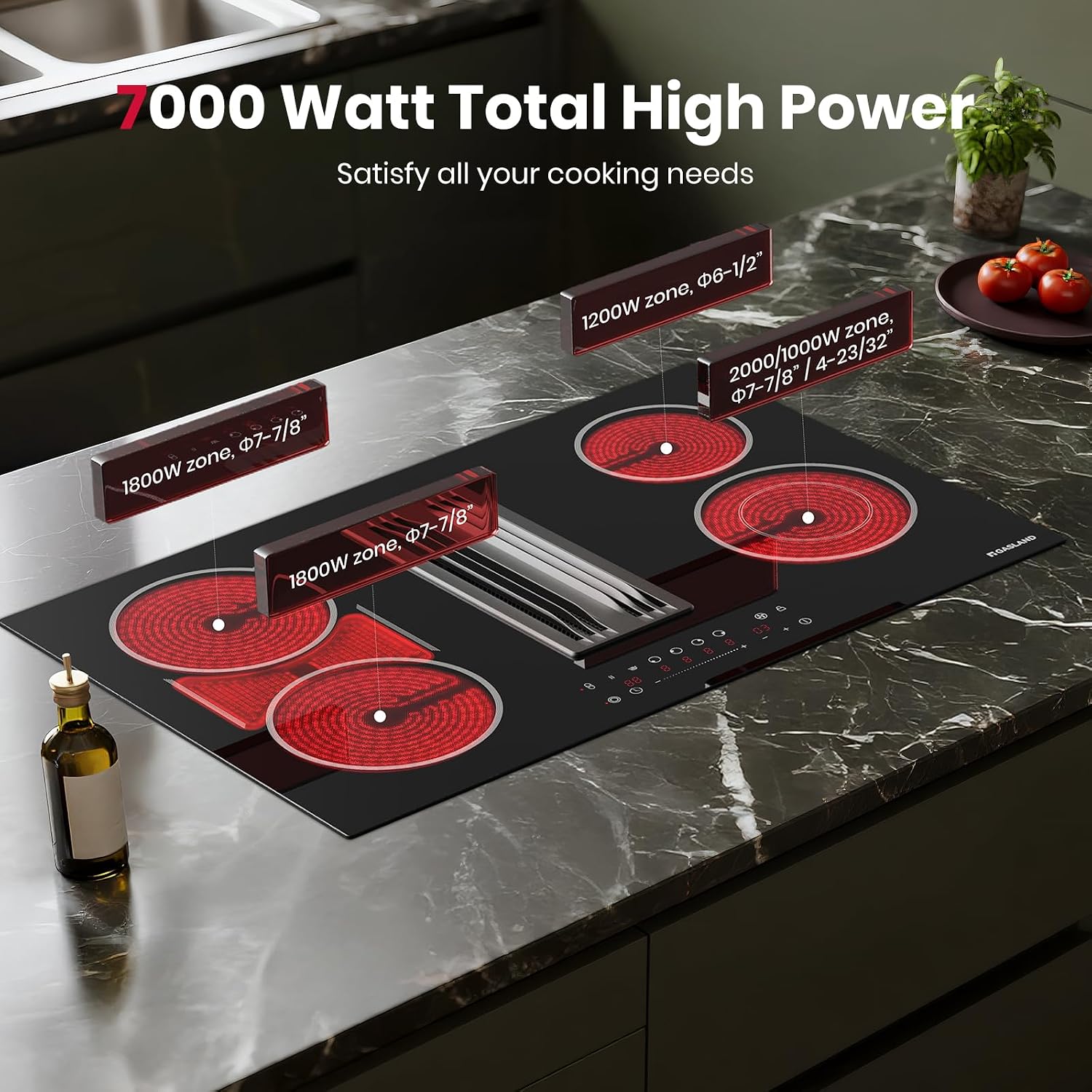 GASLAND 31.5 Inch Electric Cooktop with Downdraft Exhaust, 4 Burners 80cm Glass Radiant Stovetop 220V, 3-speed Max. 330 CFM Downdraft Vent