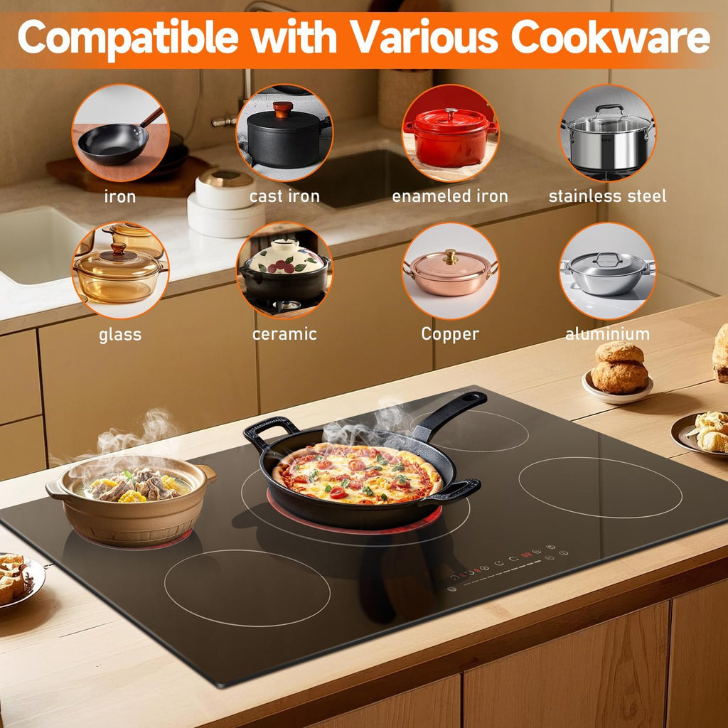 Noxton 36 Inch Electric Cooktop 5 Burners, 9600W Built-in Electric Stove Top, Flexible Bridge & Triple Elements, Pause, Timer, Child Safety Lock,Touch Control Ceramic Cooktop for 220-240V Hard Wire