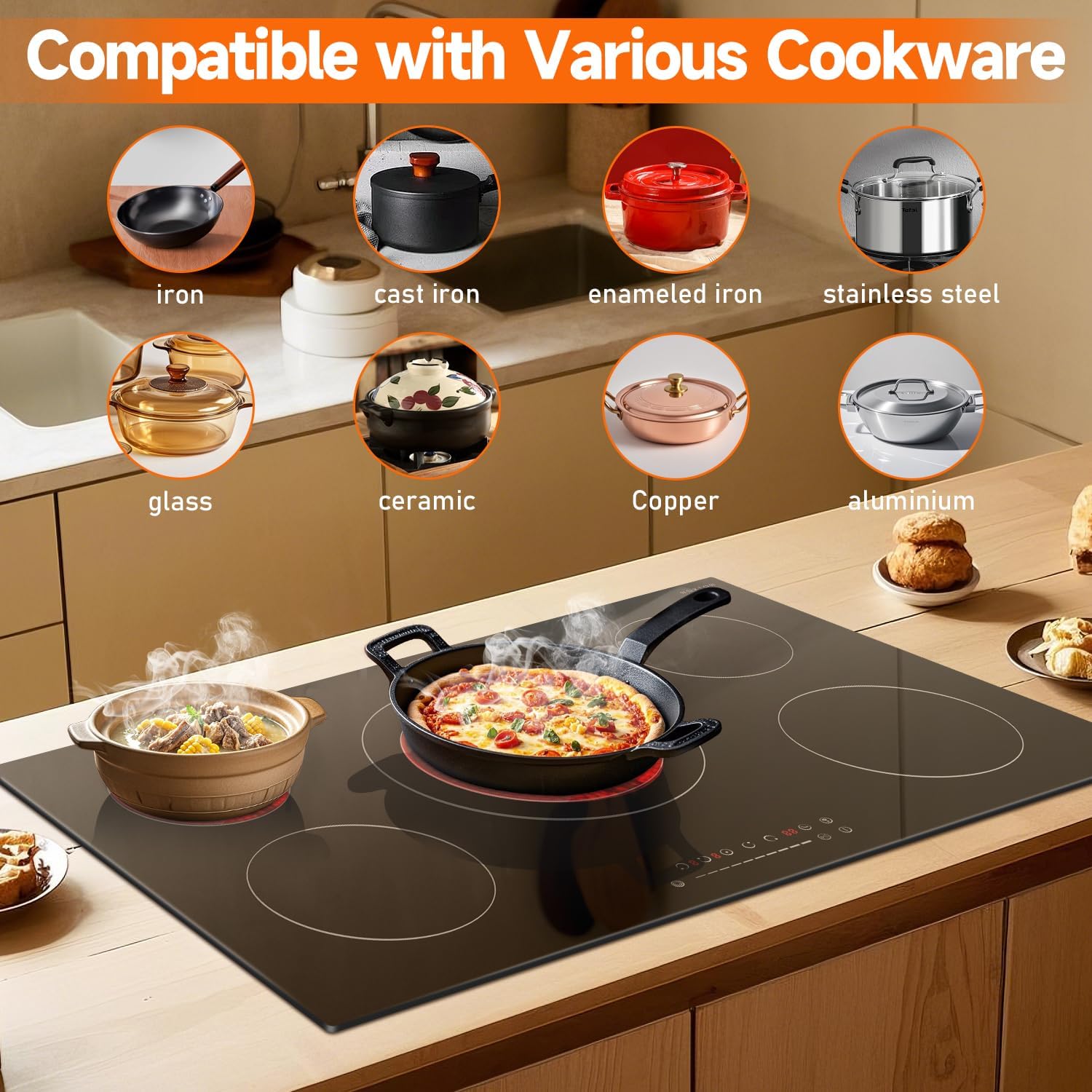 Noxton 36 Inch Electric Cooktop 5 Burners, 9600W Built-in Electric Stove Top, Flexible Bridge & Triple Elements, Pause, Timer, Child Safety Lock,Touch Control Ceramic Cooktop for 220-240V Hard Wire