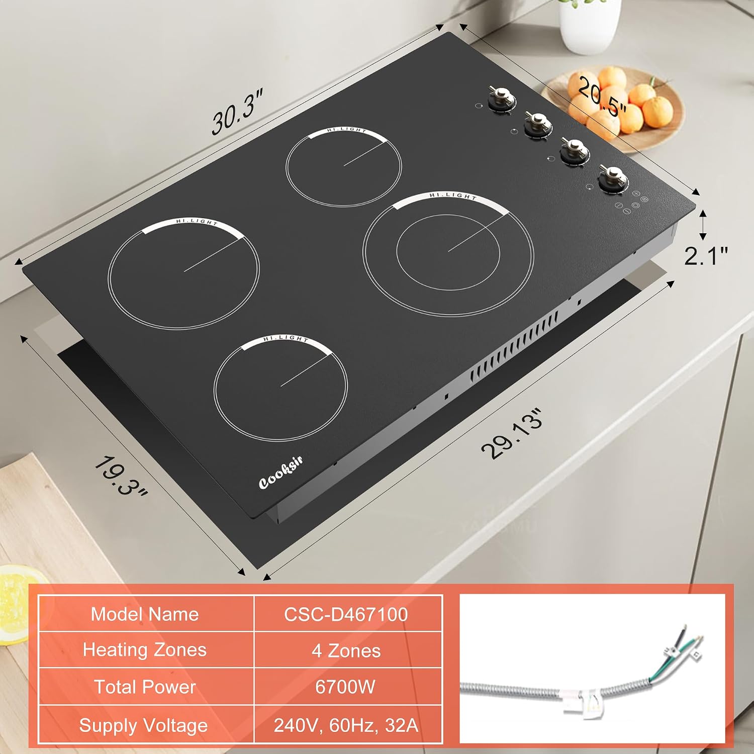 30 Inch Electric Cooktop - 4 Burner Built-in(29.13'x19.3') Ceramic Stove Top 6700W, 240V Electric Cooktop 30' Touch and Knob Control, Child Lock, Dual Ring, 99 Mins Timer, 220V Hard Wired