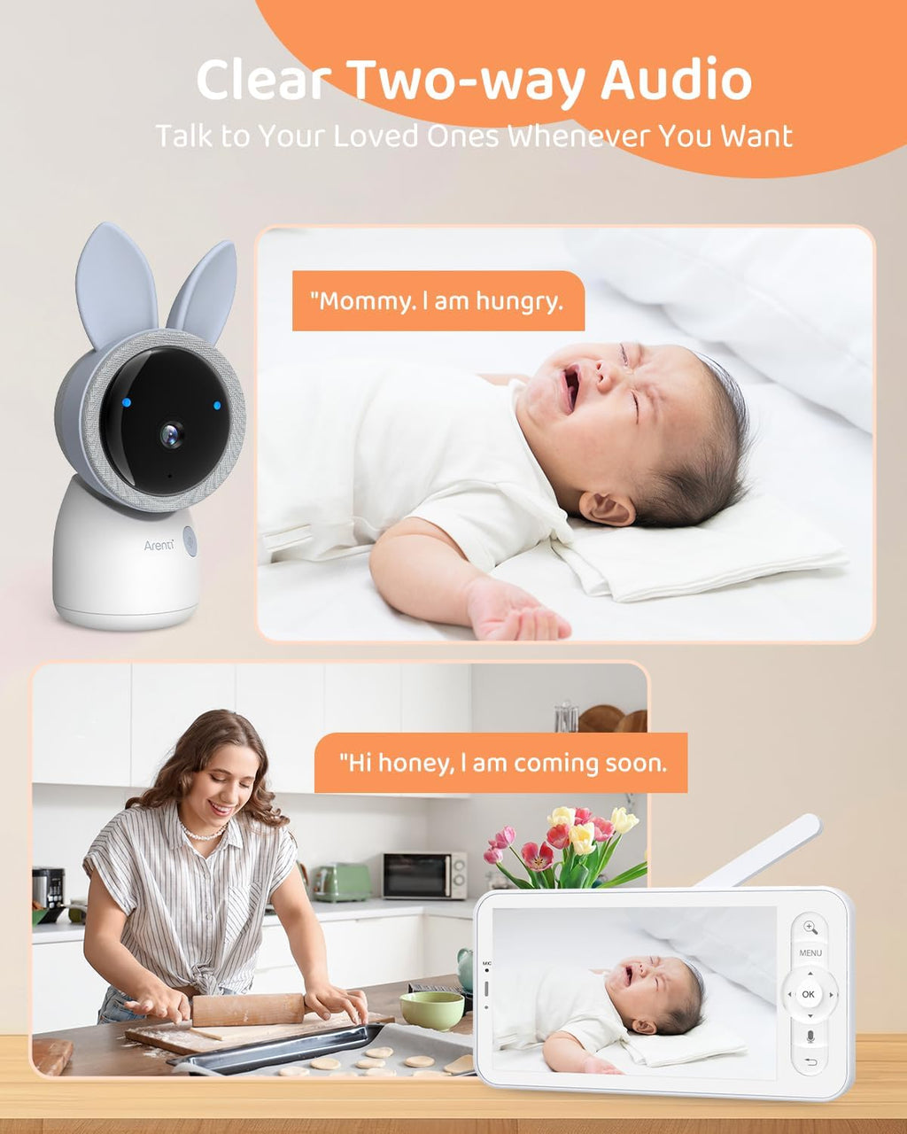 ARENTI Upgraded Baby Monitor with 2 Cameras, 4MP 2.4G&5G WiFi Baby Camera Monitor, Infrared Night Vision, Night Light, 2-Way Audio, Cry&Motion Detection, Temp&Humidity Sensor, App Control