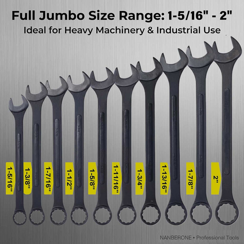 10PC Jumbo Combination Wrench Set, SAE 1-5/16'–1-7/8', Heavy-Duty Cr-V Steel, Black Oxide Finish, Large Size Wrench Kit with Storage Pouch