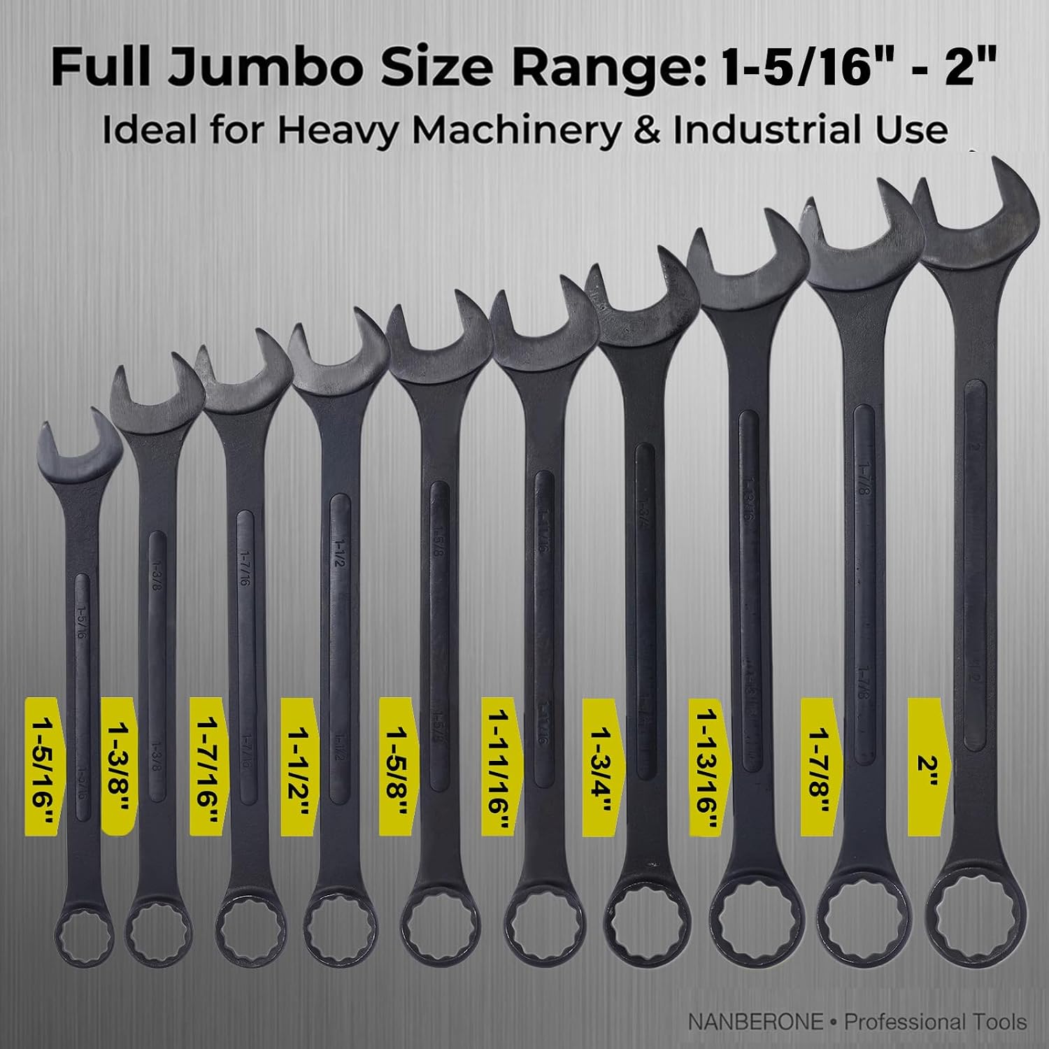 10PC Jumbo Combination Wrench Set, SAE 1-5/16'–1-7/8', Heavy-Duty Cr-V Steel, Black Oxide Finish, Large Size Wrench Kit with Storage Pouch