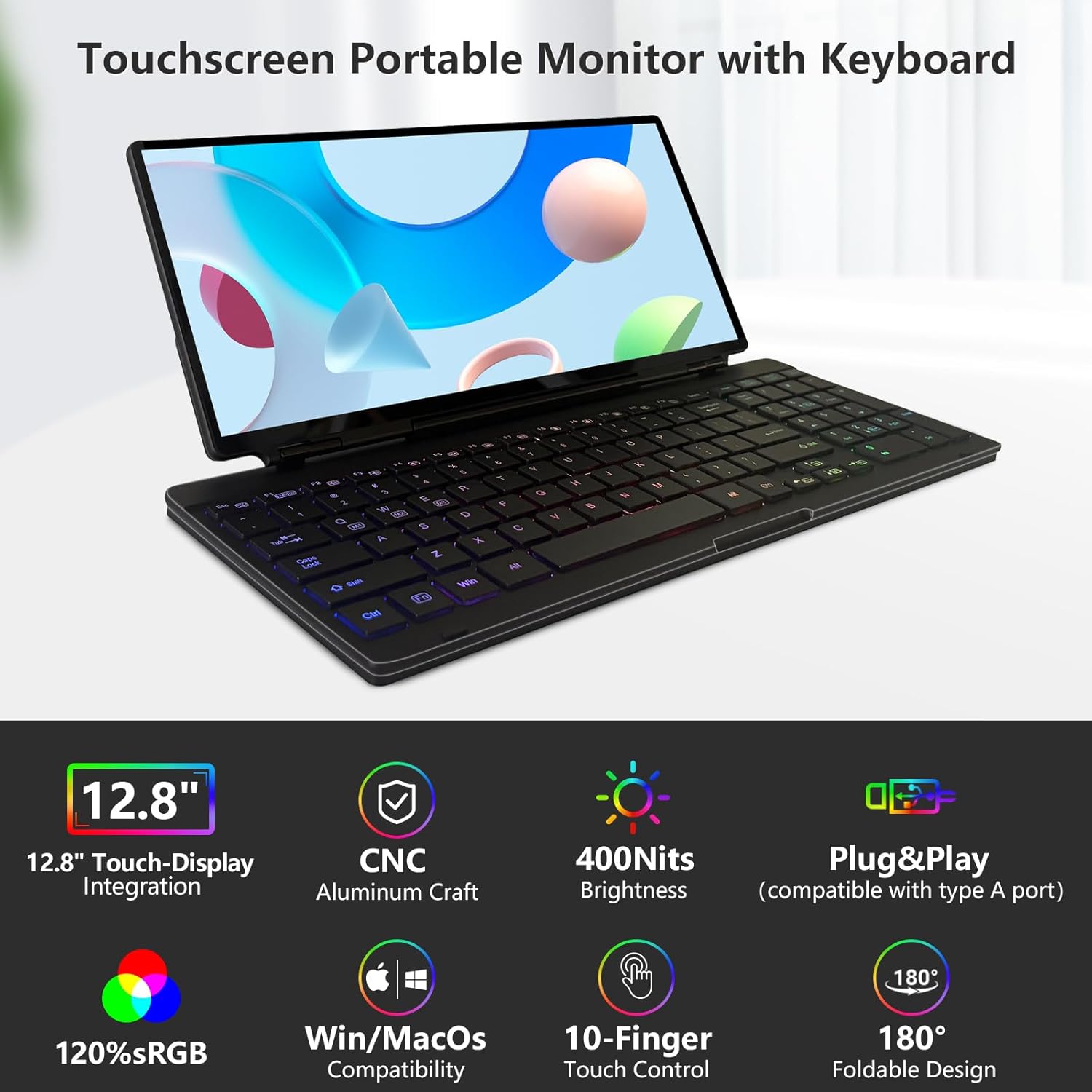 12.8' Portable Touchscreen Keyboard Monitor Stretched Bar Screen Extender with Silent Keyboard Foldable Mini RPi Display Type-C USB-A Monitor for Macbook Laptop Windows Desktop Mini PC (12.8 inch)