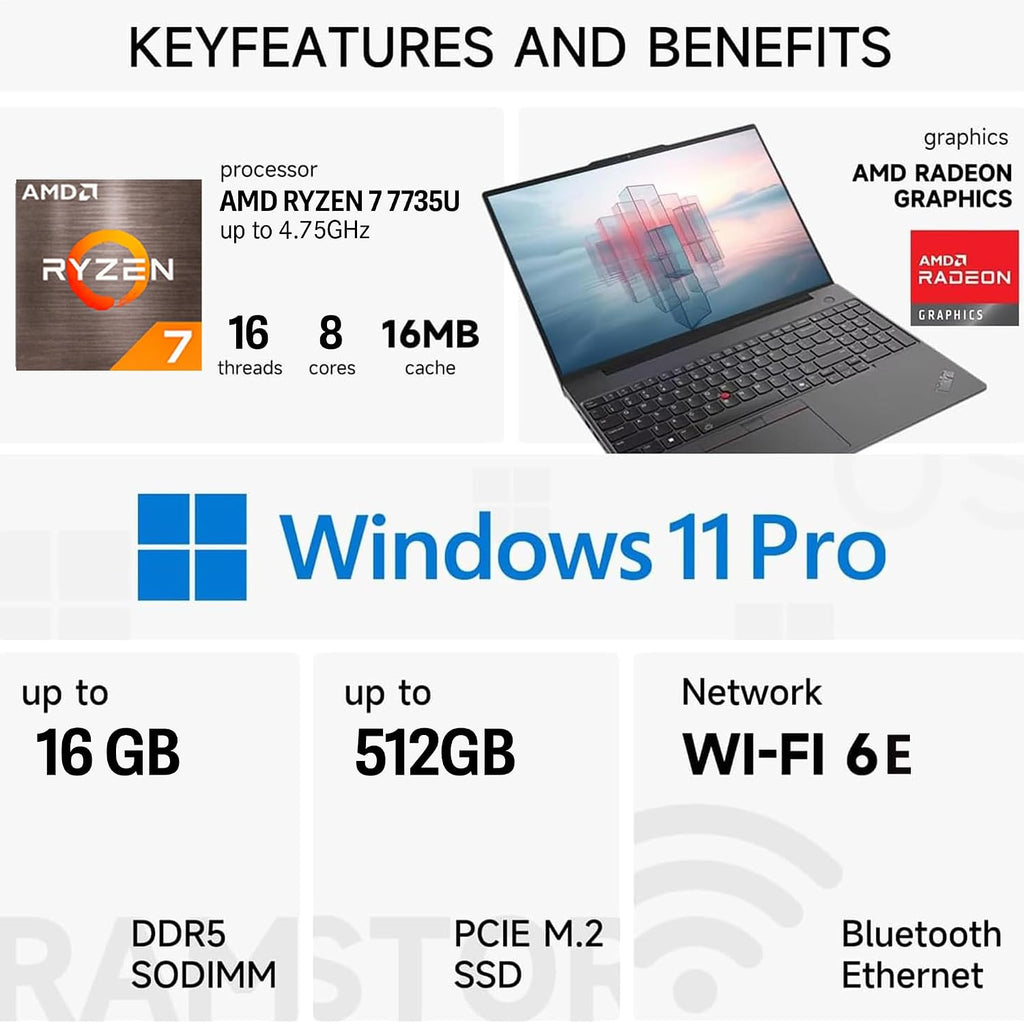 Lenovo ThinkPad E16 Gen 2, 16' FHD+ Touchscreen AI Business Laptop, AMD Ryzen 7 7735U, 16GB DDR5 RAM, 512GB SSD, Fingerprint, Backlit Keyboard, Webcam, Wi-Fi 6E, HDMI, Windows 11 Pro, Black