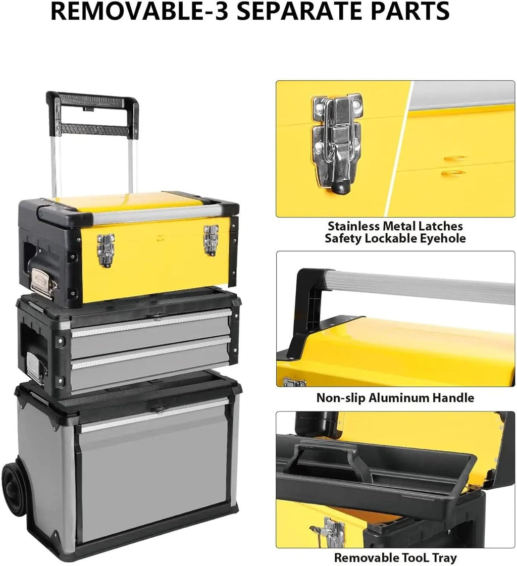 Multifunctional Stackable Portable Metal Tool Box Organizer with Wheels and 2 Drawers, Rolling Upright Trolley Tool Chest for Garage(Yellow)