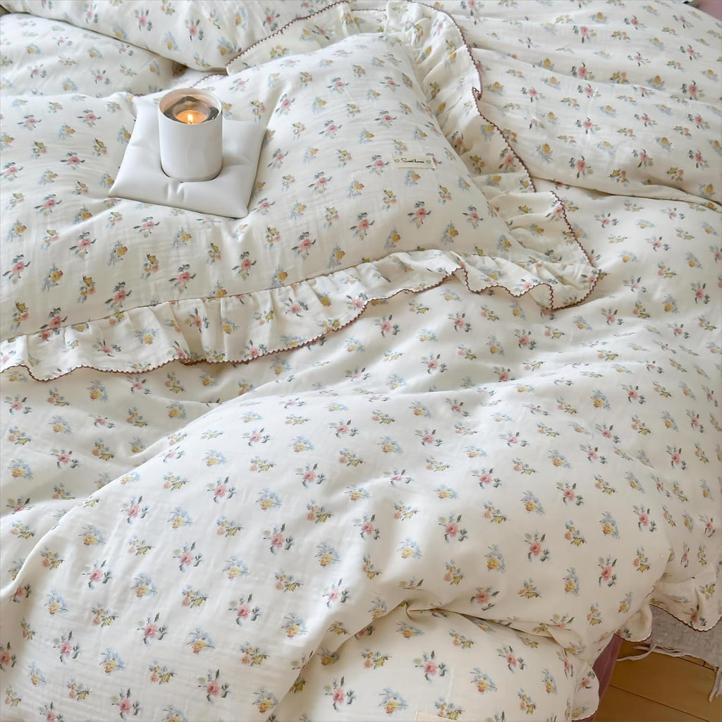BuLuTu Azalea Floral Print Duvet Cover King Size, Chic Shabby Bedding Set 3 Pieces, Cotton Muslin Comforter Cover with Ruffles, Soft Lightweight Quilt Cover King, All Seasons