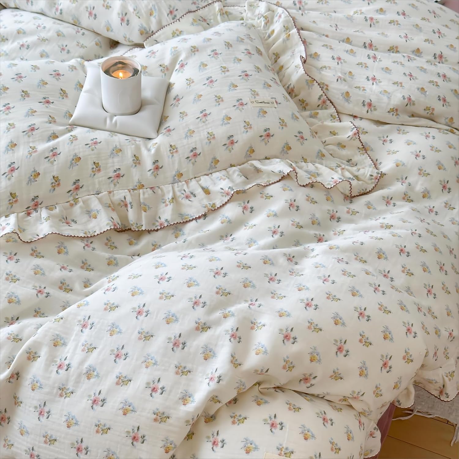 BuLuTu Azalea Floral Print Duvet Cover King Size, Chic Shabby Bedding Set 3 Pieces, Cotton Muslin Comforter Cover with Ruffles, Soft Lightweight Quilt Cover King, All Seasons