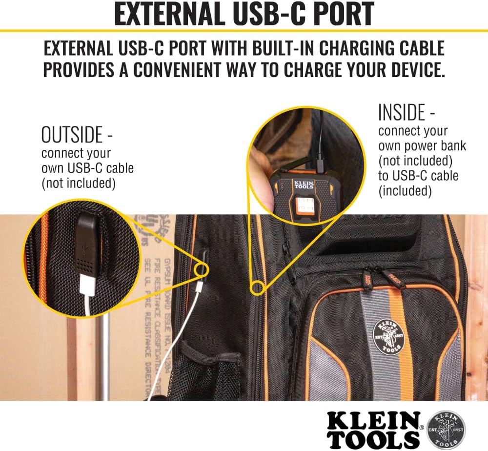 Klein Tools 62805BPTECH 28-Pocket Laptop Backpack Tool Bag, Tradesman Pro Extra-Large Tech Tool Backpack with Molded Bottom, Charging Port