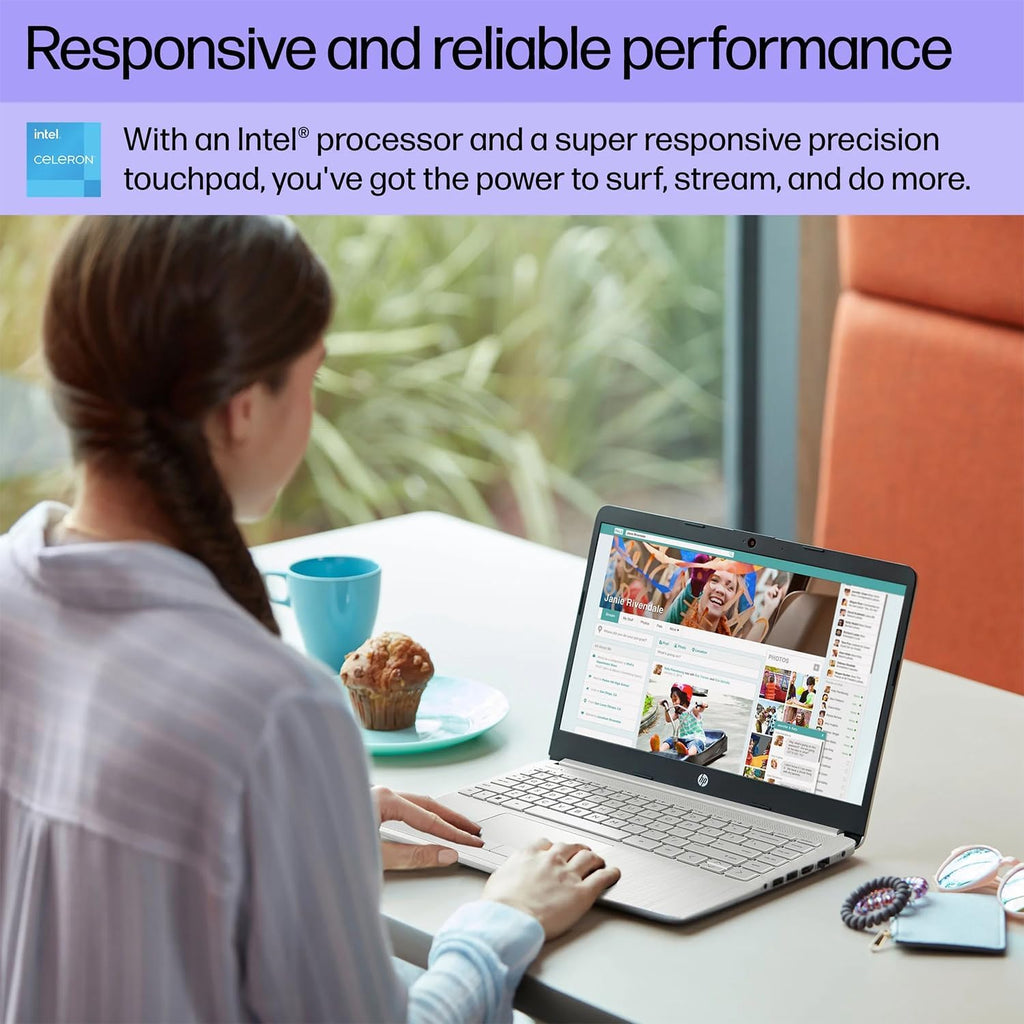 HP Portable Laptop, Student and Business, 14' HD Display, Intel Quad-Core N4120, 8GB DDR4 RAM, 64GB eMMC, 1 Year Office 365, Webcam, RJ-45, HDMI, Wi-Fi, Windows 11 Home, Silver