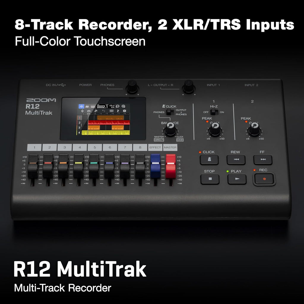 Zoom R12 Multi-Track Portable Recorder for Musicians, with 2 XLR/TRS Combo Inputs, 8 Tracks, Touchscreen, Onboard Editing, Effects, Drum Loops, Battery Powered, USB Audio Interface