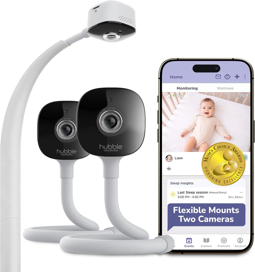 HUBBLE CONNECTED GoBaby AI Twin — 2 Baby Monitor Cameras w/Covered Face & Rollover Alert, True Cry Detection, Sleep Trainer & More — Twin 2K UHD Baby Camera Monitors w/Flexible Mount