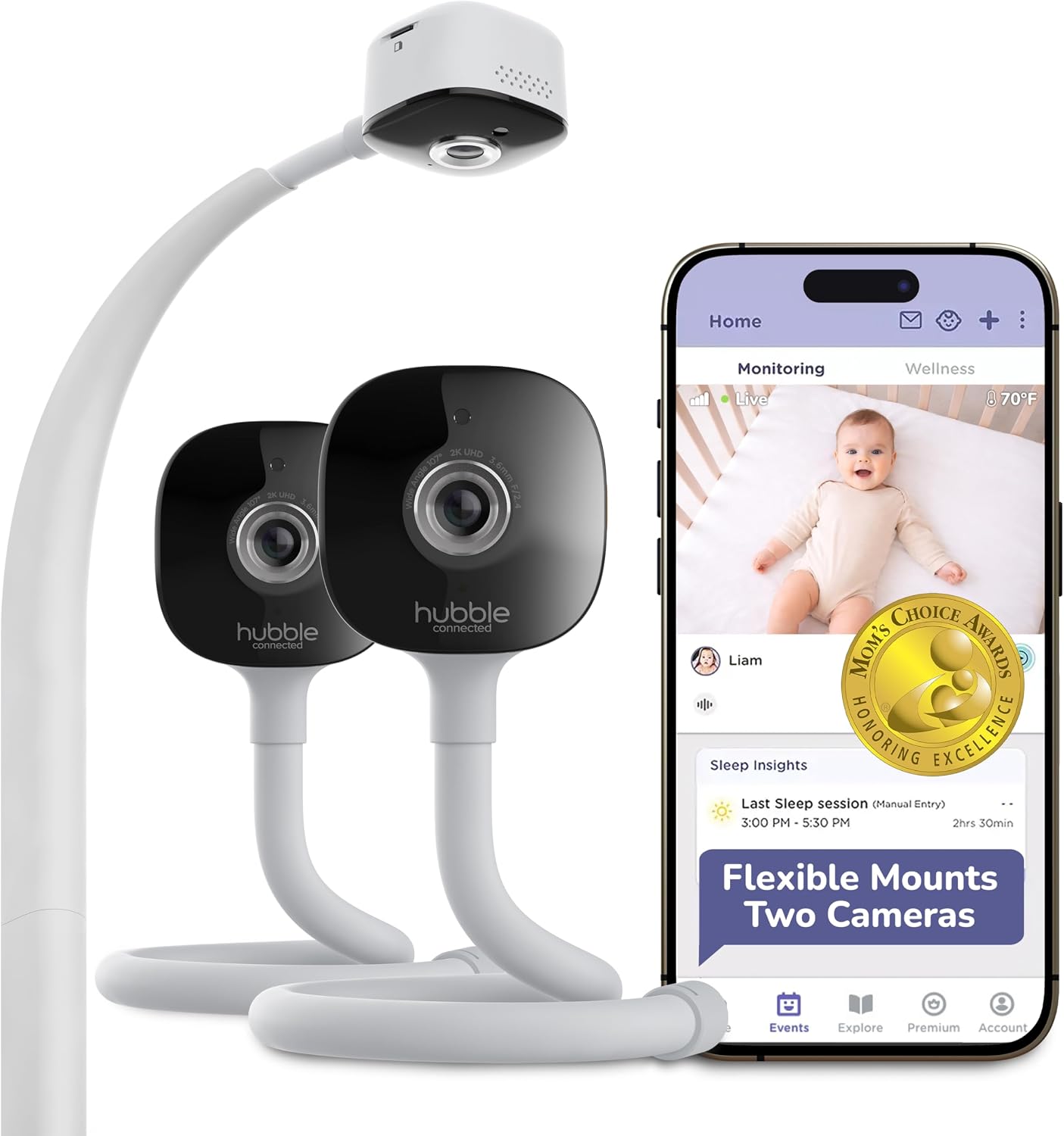 HUBBLE CONNECTED GoBaby AI Twin — 2 Baby Monitor Cameras w/Covered Face & Rollover Alert, True Cry Detection, Sleep Trainer & More — Twin 2K UHD Baby Camera Monitors w/Flexible Mount
