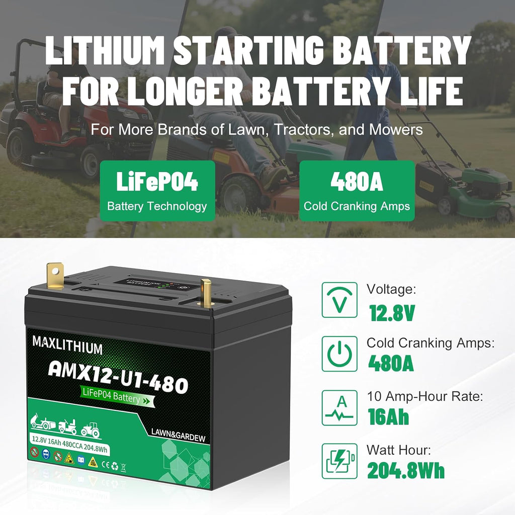 480CCA Group U1 Lithium LiFePO4 Lawn Mower Battery - 12.8V 16Ah with Power Indicator Compatible for Ride on Lawn Tractor, Fits for Craftsman, Cub Cadet, Troy-Bilt & Generators