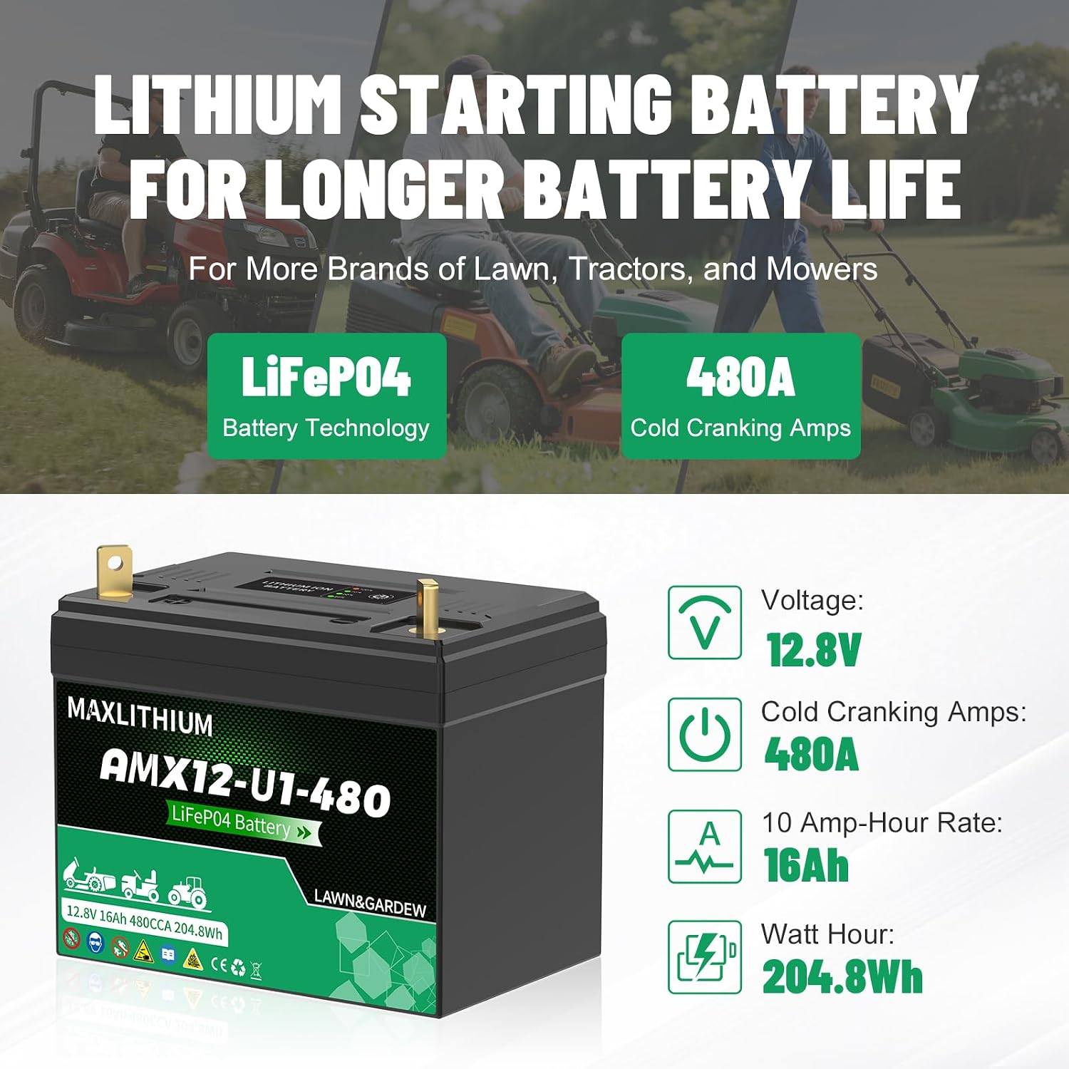 480CCA Group U1 Lithium LiFePO4 Lawn Mower Battery - 12.8V 16Ah with Power Indicator Compatible for Ride on Lawn Tractor, Fits for Craftsman, Cub Cadet, Troy-Bilt & Generators