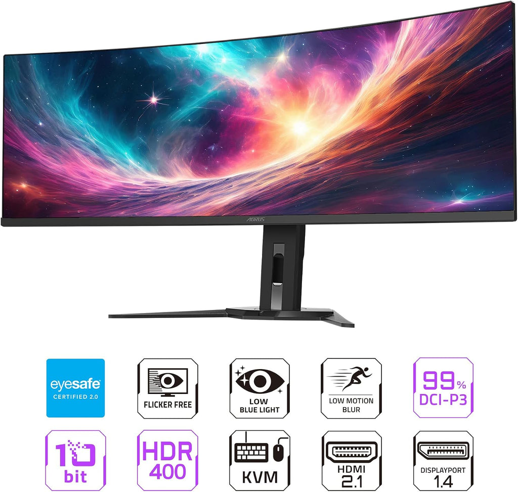 GIGABYTE - AORUS CO49DQ - 49' QD OLED - 5120x1440 DQHD 32:9-1800R - 144Hz - 0.03ms GTG - AMD FreeSync Premium Pro - Super Ultrawide - KVM - HDMI, DP, Type C - Height Adjustable - Black