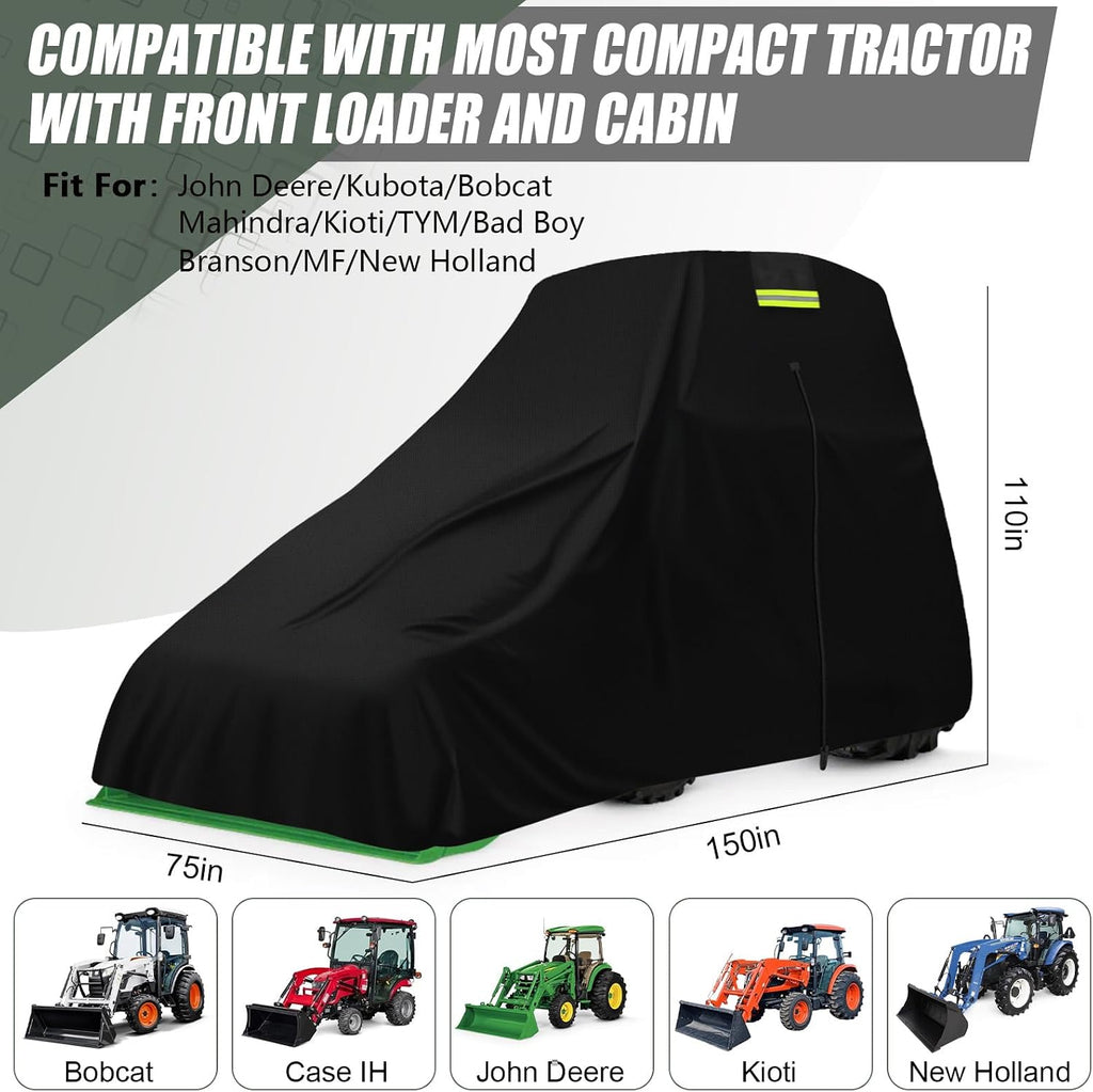 Waterproof Tractors Cover Fit Most Campact Tractor with Cabin and Front Loader, 600D Oxford Cloth Tractors Cover for Snow Rain Dust Protection, 150 L x 75 W x 110 H in