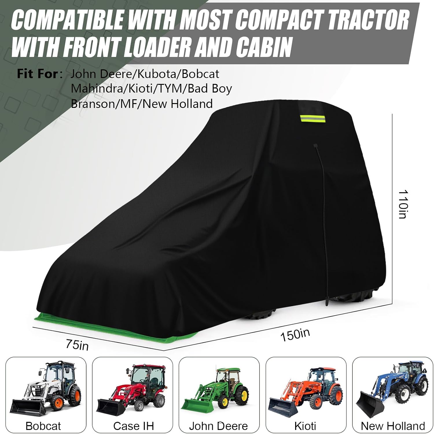Waterproof Tractors Cover Fit Most Campact Tractor with Cabin and Front Loader, 600D Oxford Cloth Tractors Cover for Snow Rain Dust Protection, 150 L x 75 W x 110 H in