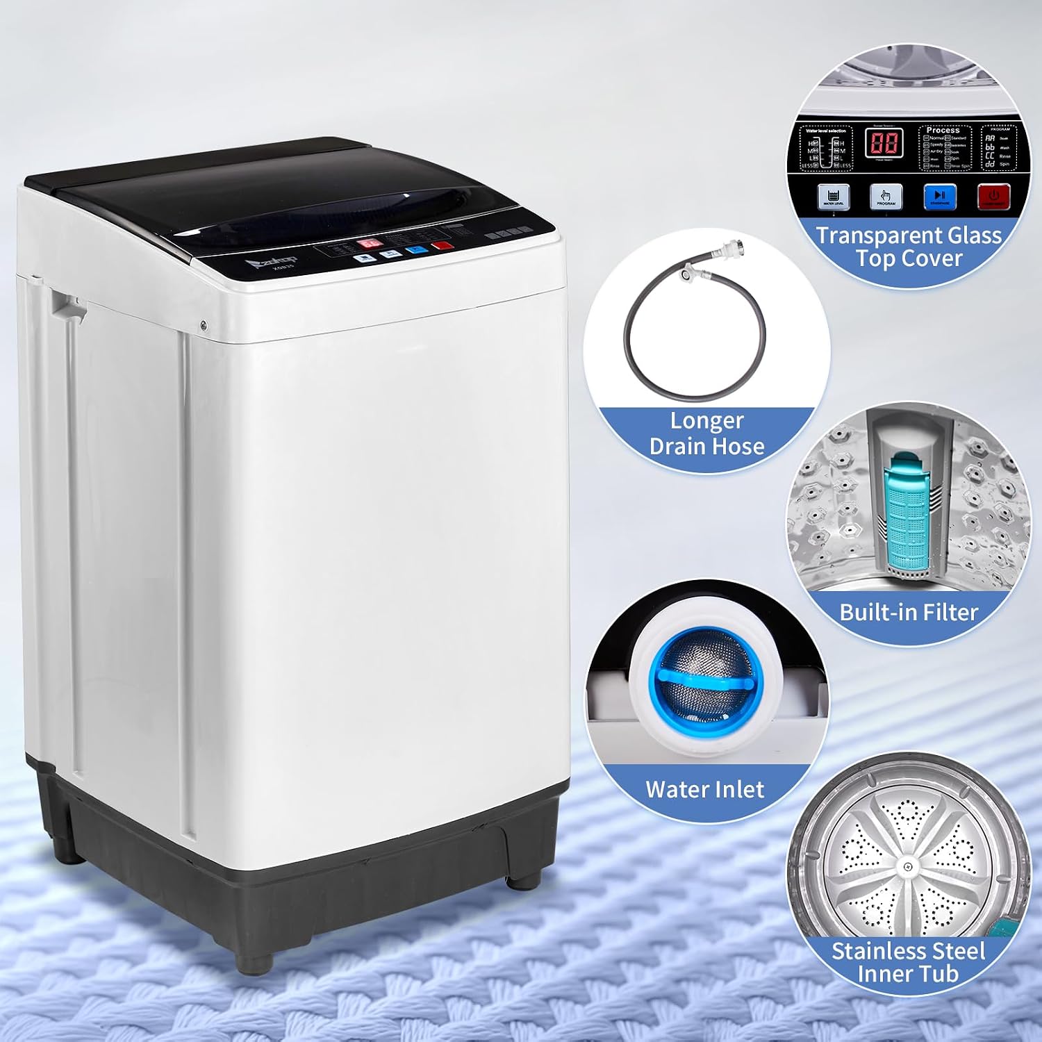 15.6lbs Full-Automatic Washing Machine, 1.3 Cu.Ft Portable Compact Washer and Spin Dryer Combo Built-in 10 Programs & 8 Levels, Stainless Steel Drum, Drain Pump for Apartments, RVs, Dorms