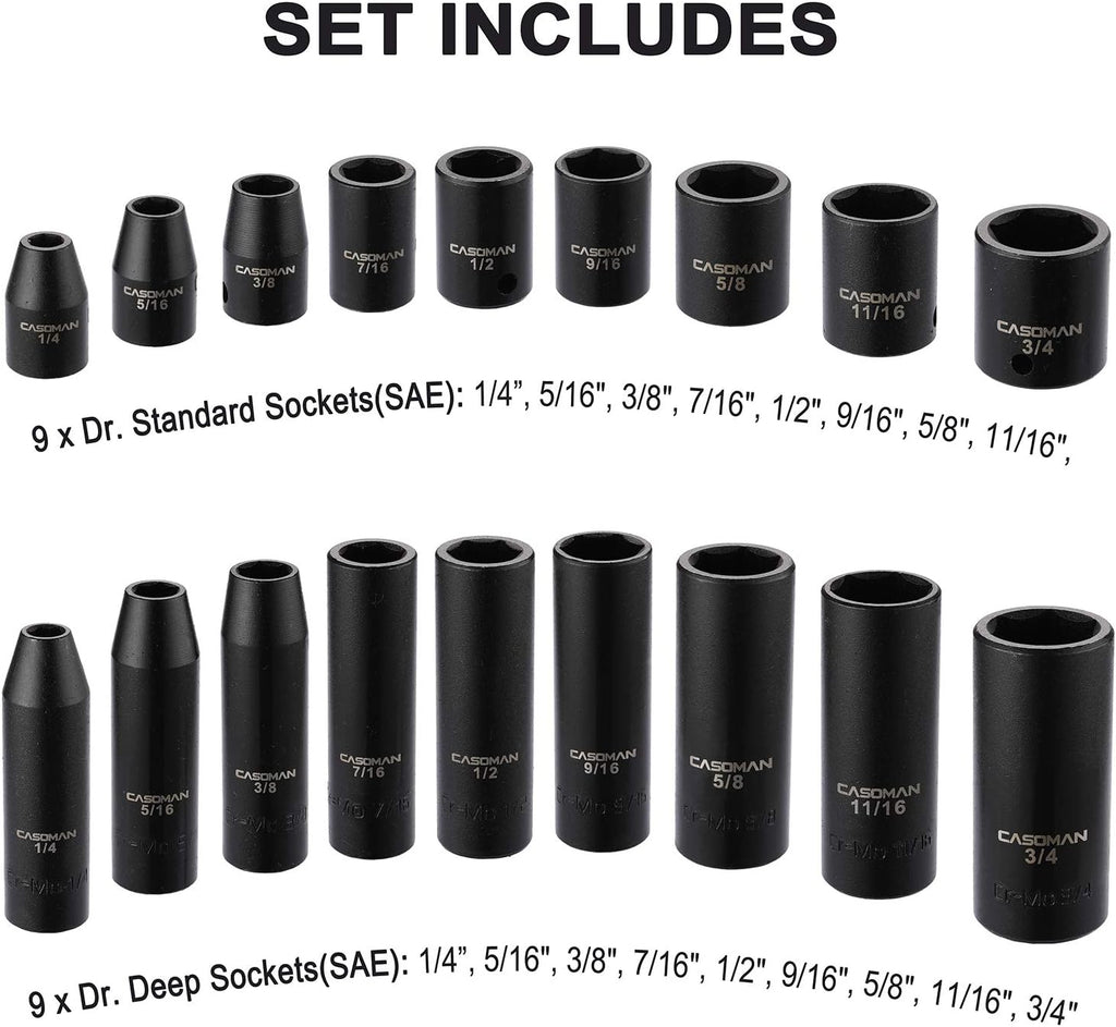 CASOMAN 87PCS 3/8' Drive Master Impact Socket Set, SAE & Metric Standard, Deep, Swivel Sockets,Cr-MO Steel, Includes Star and Inverted Star Socket, Impact Universal Joint, Extension Bars