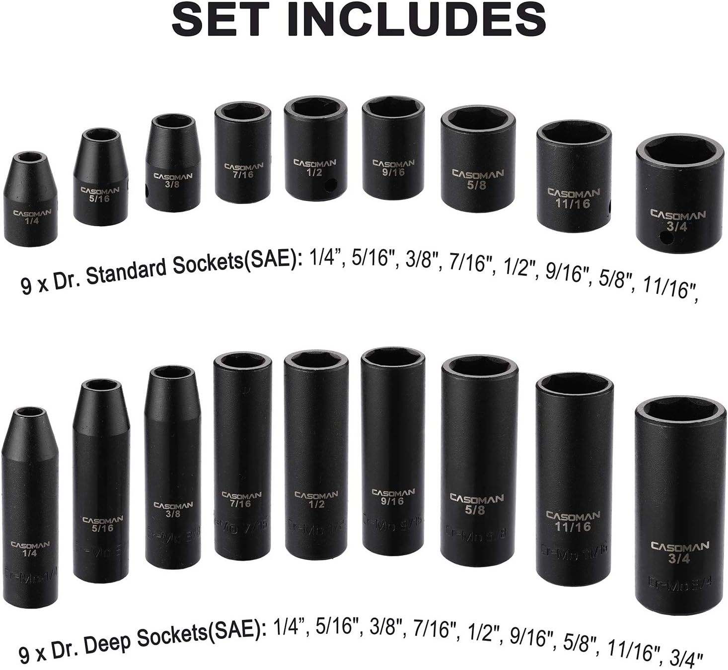 CASOMAN 87PCS 3/8' Drive Master Impact Socket Set, SAE & Metric Standard, Deep, Swivel Sockets,Cr-MO Steel, Includes Star and Inverted Star Socket, Impact Universal Joint, Extension Bars