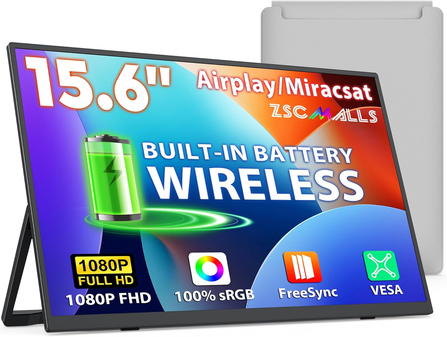 ZSCMALLS Battery Wireless Portable Monitor, 8000mAh 15.6' 1080P IPS USB-C/HDMI Second Screen, Built-in Speakers, Support AirPlay/Miracast for Laptop/Phone/Tablet/Switch/Xbox, Carry Bag Included