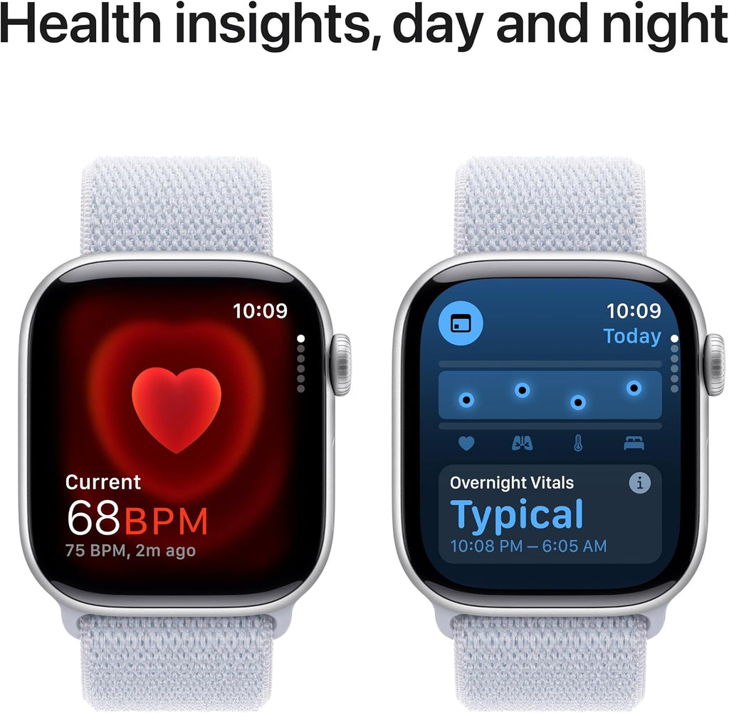 Apple Watch Series 10 [GPS 42mm case] Smartwatch with Silver Aluminum Case with Blue Cloud Sport Loop. Fitness Tracker, ECG App, Always-On Retina Display, Carbon Neutral