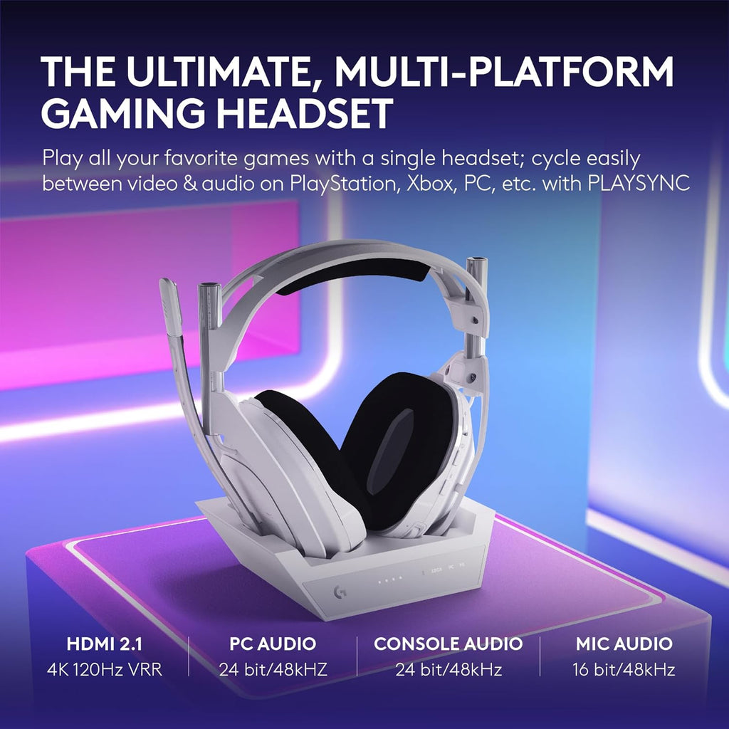 Logitech G Astro A50 X Multi-Platform Wireless Gaming Headset + Base Station for PS5/Xbox/PC: PLAYSYNC Video & Audio Switcher, HDMI 2.1 4K 120Hz VRR, <24bit/48kHz, 24hr Battery, 2.4GHz & BT - White