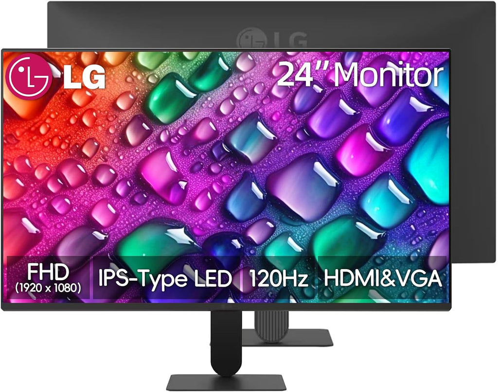LG 24 inch FHD IPS Monitor, 120Hz Refresh Rate, 1ms MBR, 99% sRGB, HDR10, Flicker Safe, VRR, Slim Bezel, Black Stabilizer, HDMI & VGA, Tilt Adjustable, 178 Degrees Viewing Angle, Black