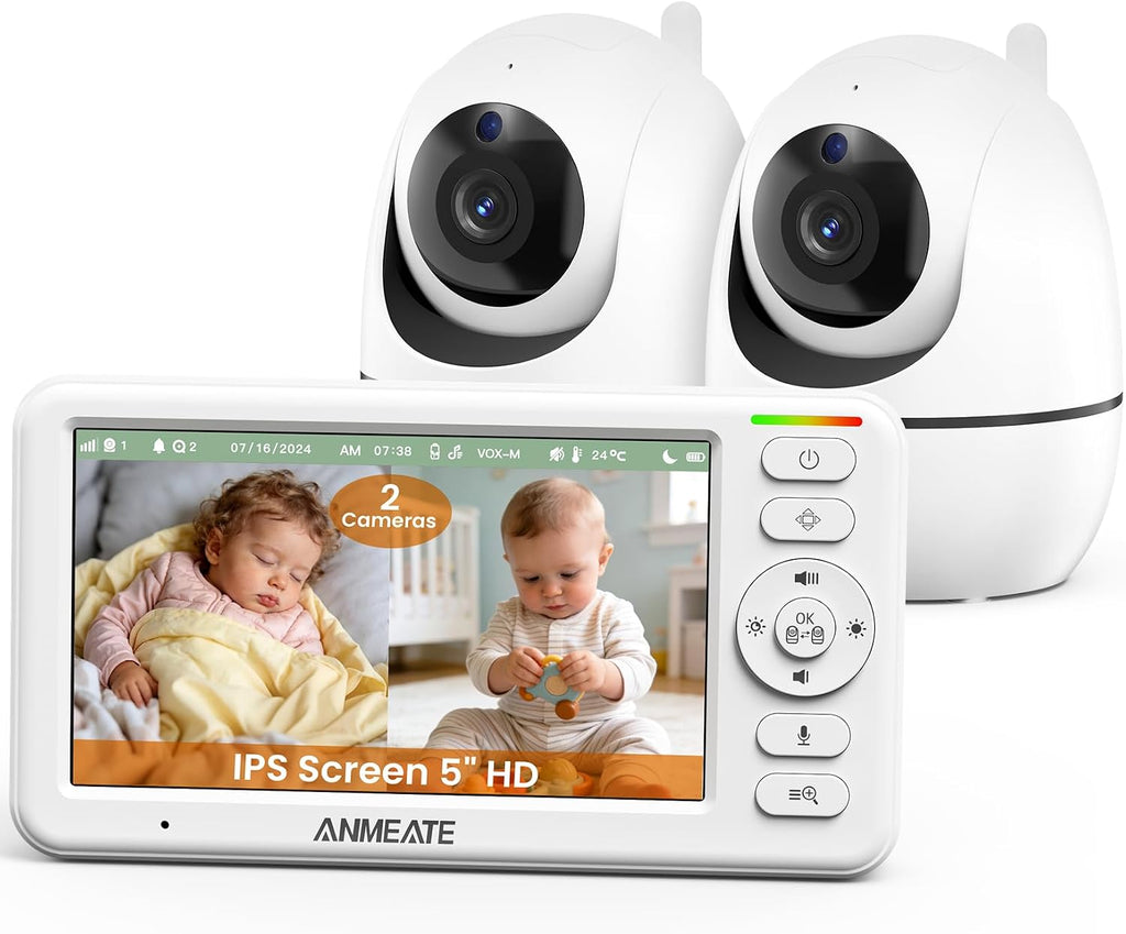 ANMEATE 5' Split Screen Baby Monitor with 2 Cameras, No WiFi Secure FHSS, Remote PTZ, 1000ft Range, 30-Hour Battery, Auto Night Vision, Room Temperature, Two-Way Audio Intercom