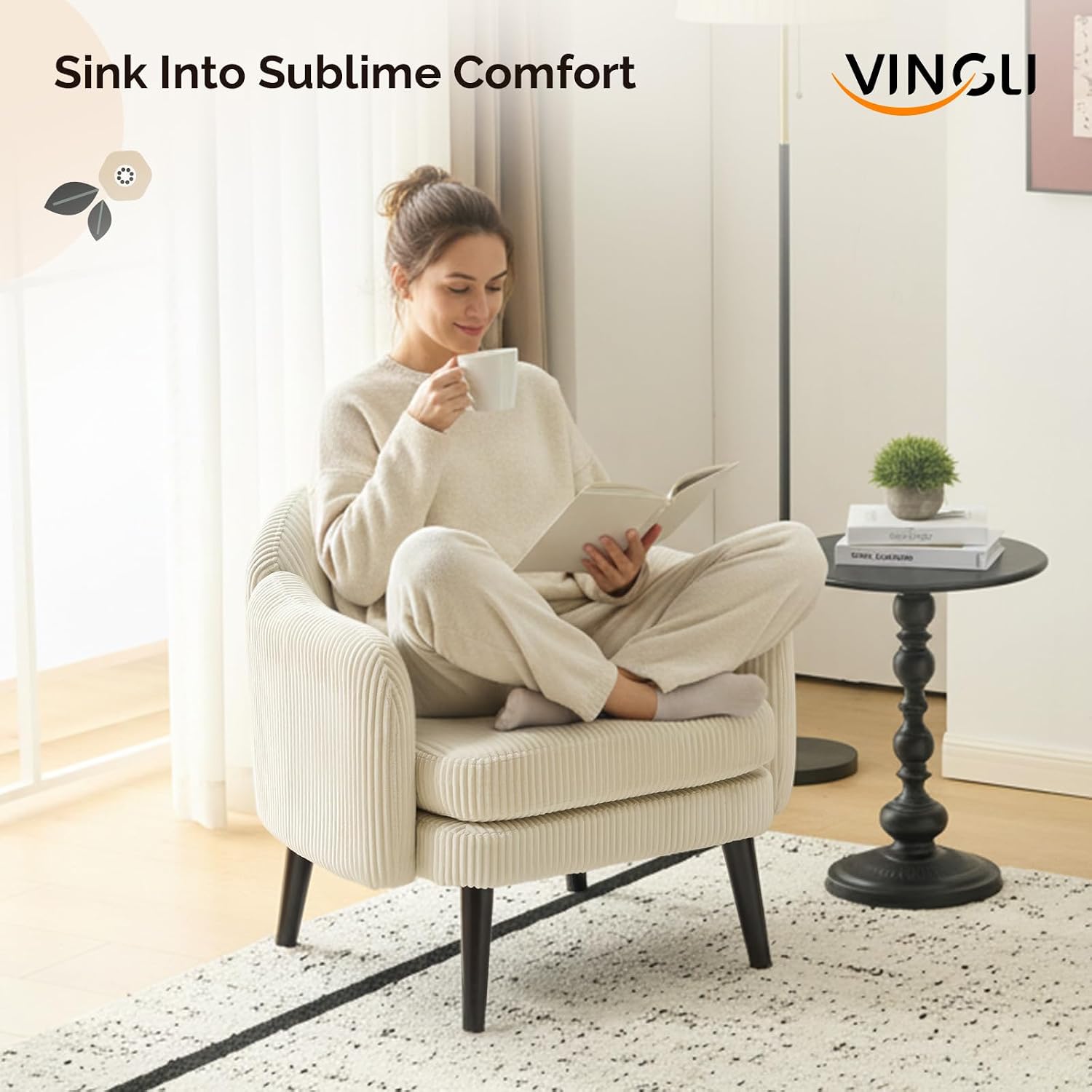 VINGLI 30.3' Wide Modern Barrel Accent Armchair with Track Armrest, Solid Wooden Legs, Comfy Upholstered Club Chair, Round Single Home Sofa for Living Room, Bedroom, Reading Room, Corduroy Beige