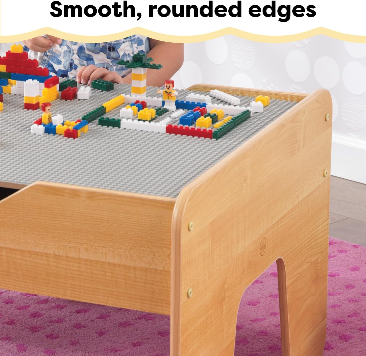 KidKraft Reversible Wooden Activity Table with Board with 195 Building Bricks – Gray & Natural, Gift for Ages 3+