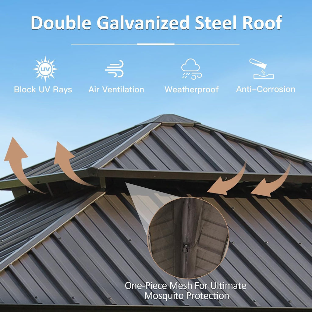 Domi 12' X 12' Hardtop Gazebo, Upgraded Metal Gazebo with Drainage System, Dual-Layer Galvanized Steel Roof, Curtain and Netting, Outdoor Shelter Canopy for Patio, Garden, and Backyard, Brown