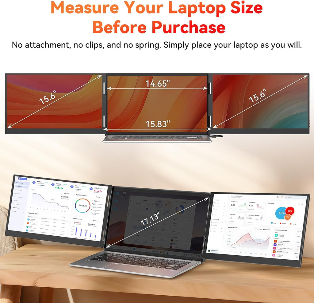 HotYeah Laptop Screen Extender (Windows Only), 15.6' 1080P Dual Extended Monitor, USB-C Travel Screen for 12-17' Laptop, Triple Portable Monitor w/Kickstand & 240° Rotation, One Cable Connection