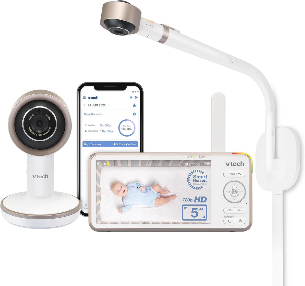 VTech V-Care VC2105 1080p FHD Over-The Crib Mount Smart Baby Monitor 5' 720p LCD Screen,Table Stand,Remote Access,Versatile Placement,Intelligence Detection, Sleep Analysis,18hrs Recording,with WiFi