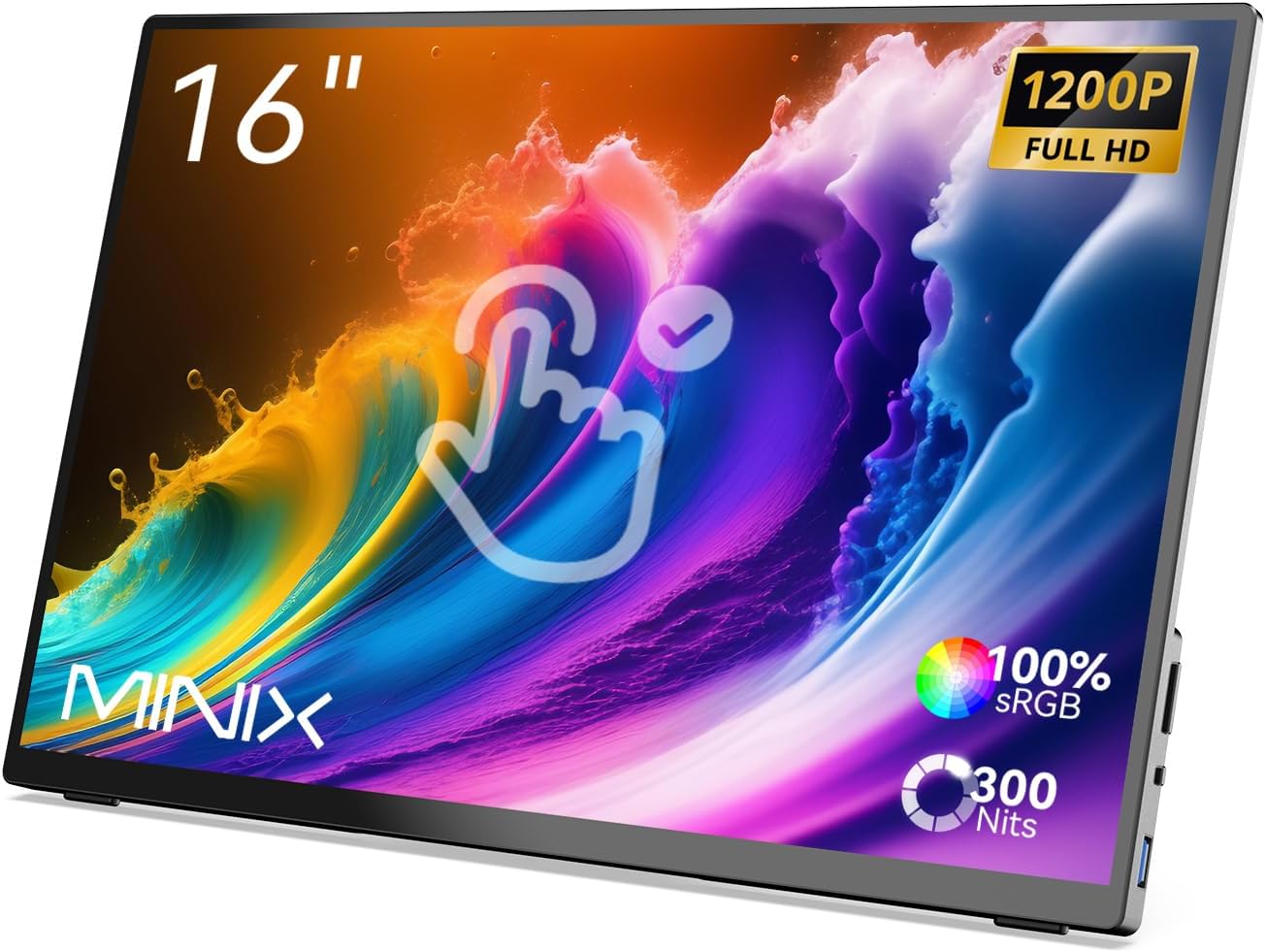 MINIX Portable Monitor 16' FHD 1200P，IPS，Touch Screen，USB-C, HDMI，Stereo，Eye Care, Flicker Free, Blue Light Filter