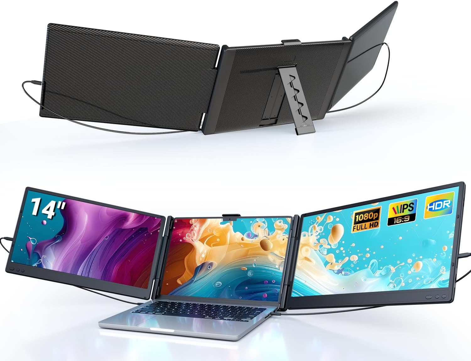 Ygretyrjh Laptop Screen Extender, 14' Triple Portable Monitor for Laptop, 1080P FHD IPS Screen Extender Monitors for 13'-17', Travel Monitor for Mac/Windows/Chrome, Built-in Speakers