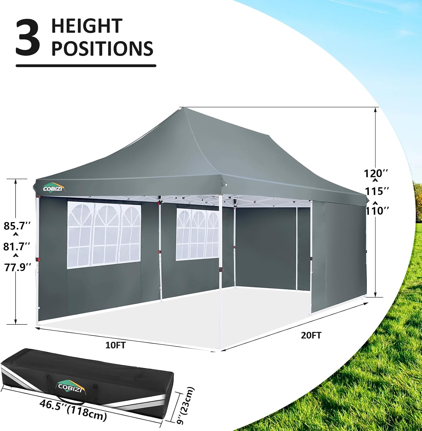 COBIZI 10x20ft Pop Up Canopy Tent with 6 Removable Sidewalls, Easy Up Commercial Canopy, Waterproof and UV50+ Gazebo with Portable Bag, Adjustable Leg Heights,Party Tents for Parties, with 4 Sandbags