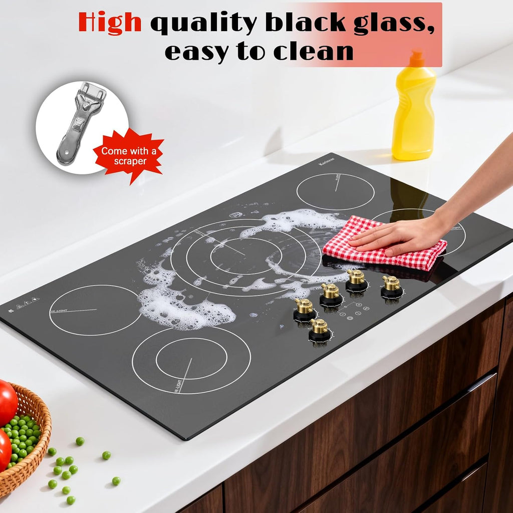 Karinear 36 inch Electric Cooktop, 5 Burner Radiant Cooktop with Knob & Touch Control, 9200W 240V Built-in Stove Top, 9 Power Levels, Timer, Child Lock, Pause, Residual Heat Indicator(Gold Knob)