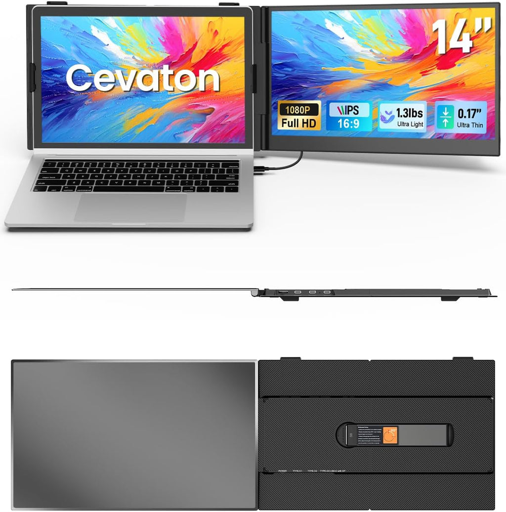 Cevaton Laptop Screen Extender, 14.1' Ultra-Slim & Lightweight Portable Monitor for 13'-17' Laptops, 1080P FHD Dual Monitor, One Cable Connection, Compatible with Wins/Mac/Android/Linux/Chrome